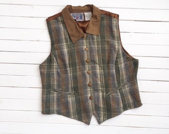 plaid wool vest 90s vintage dark academia brown green plaid wool suede waistcoat vest