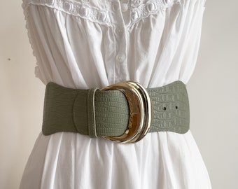 green waist belt 80s vintage sage green leather elastic corset belt