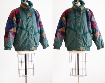 green puffer jacket 80s 90s vintage plaid corduroy patchwork puffer coat