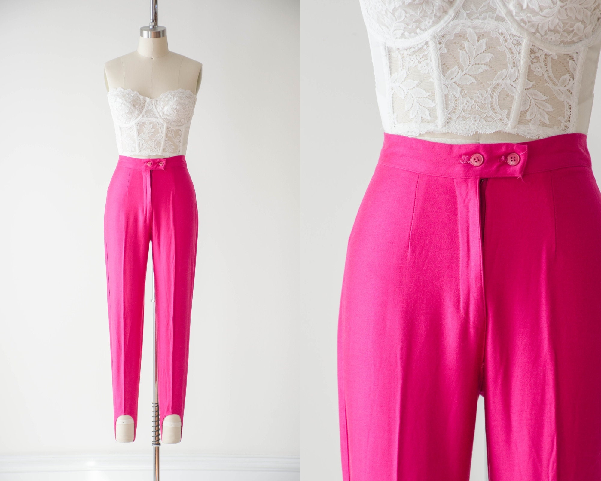 high waisted pants | 80s vintage JOU JOU neon hot pink stirrup stretch  pants leggings