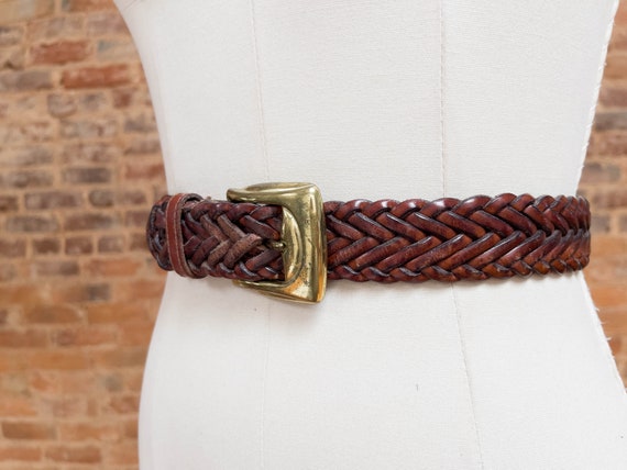 brown braided leather belt | 90s vintage woven le… - image 3