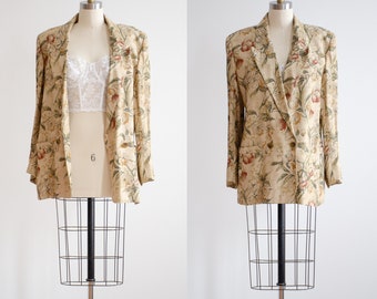 beige linen jacket 90s vintage Liz Claiborne cottagecore floral blazer