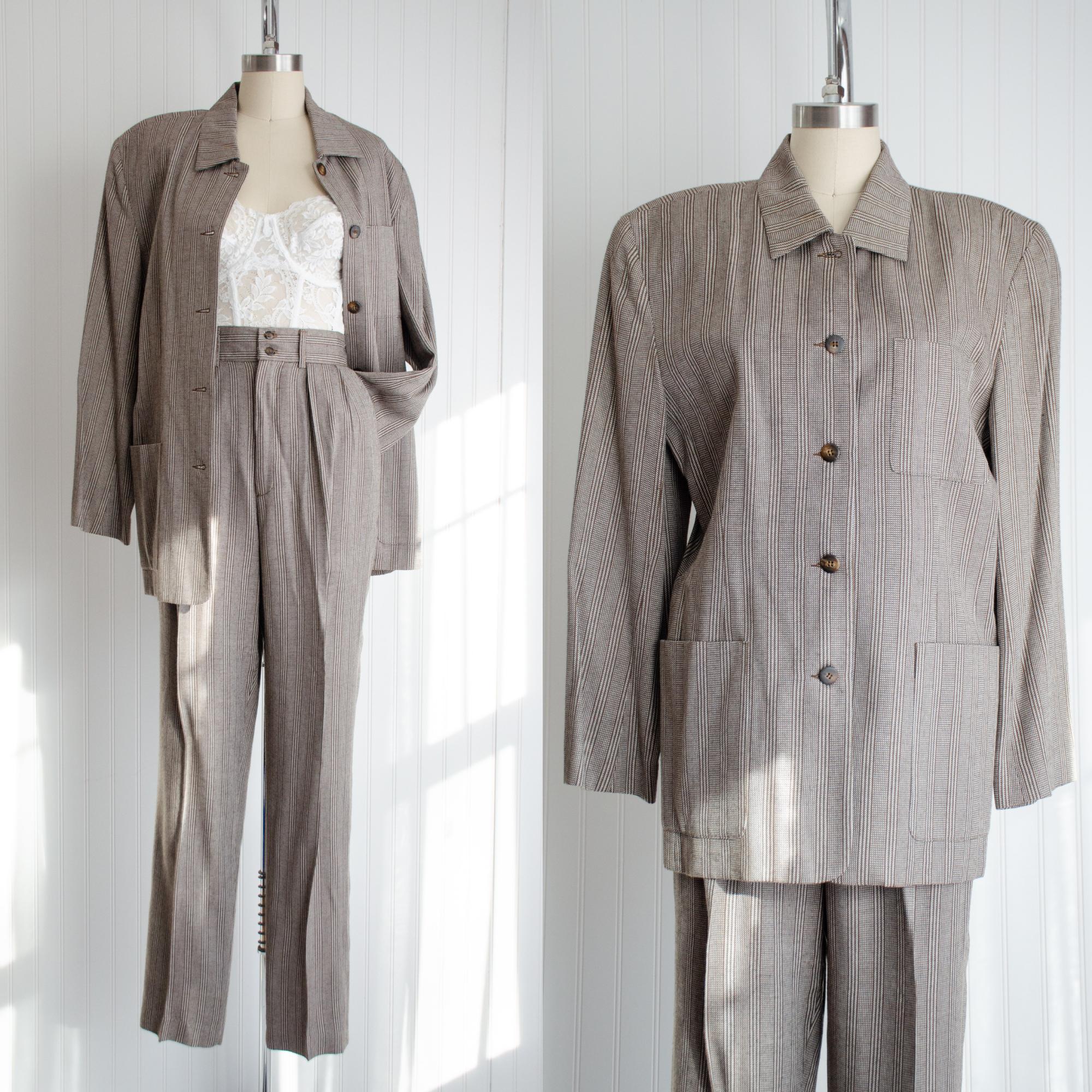 brown striped suit 90s vintage oversized jacket pleated pants pantsuit