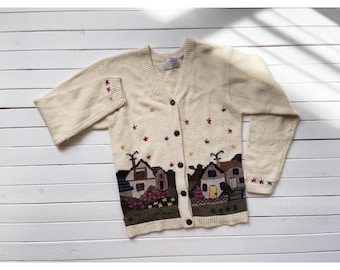 vtg Northern Treasures cottagecore farm cream embroidered cardigan sweater
