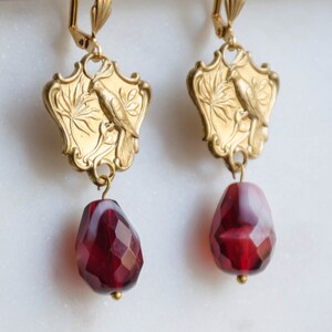gold bird earrings, blue red baroque pearl glass earrings, Regency Victorian antique earrings, bohemian gift for her, statement earrings