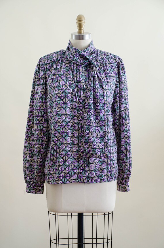 80s ascot blouse | vintage purple green orange st… - image 6