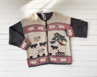 cute cottagecore sweater 90s vintage cream pink gray sheep farm knit cardigan