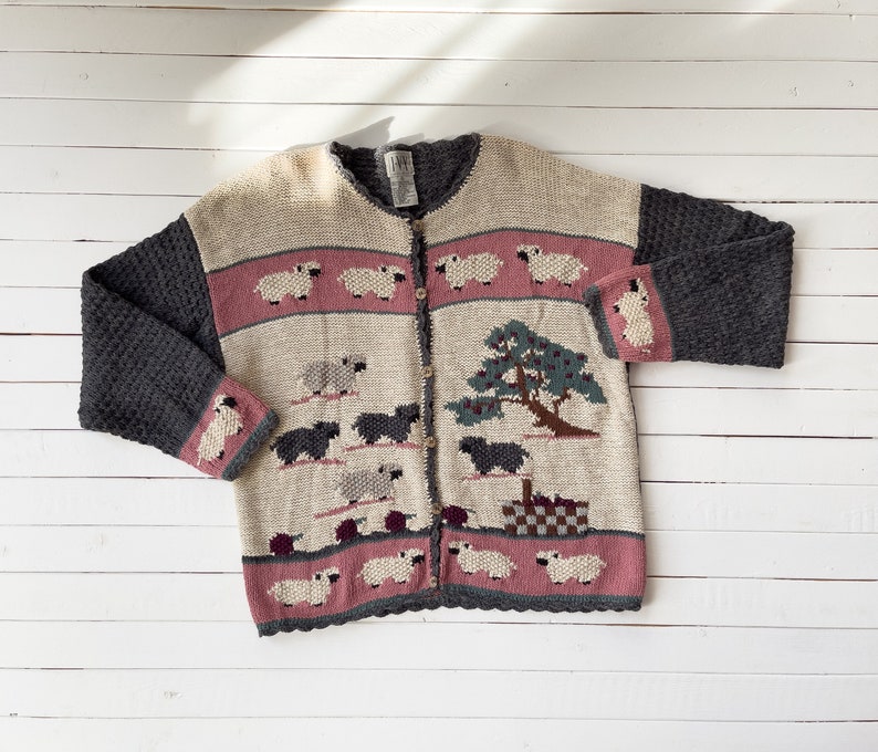 cute cottagecore sweater 90s vintage cream pink gray sheep farm knit cardigan image 1