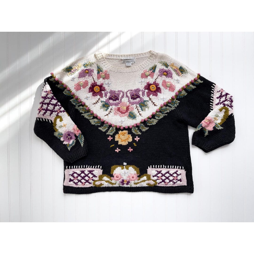 Vtg Jennifer Reed Black Pink Floral Fair Isle Hand Knit Sweater Size M ...