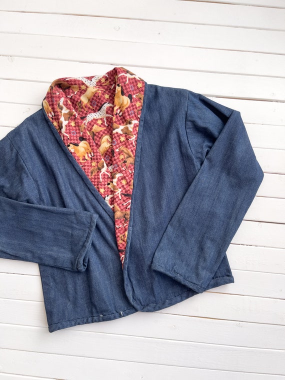 reversible jean jacket 90s vintage horse pattern … - image 3