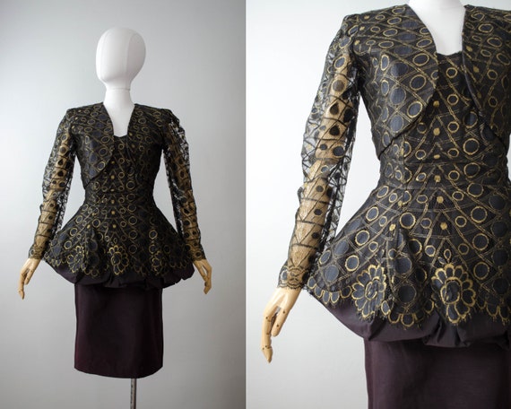 1980s dress | black peplum dress | gold lace dress