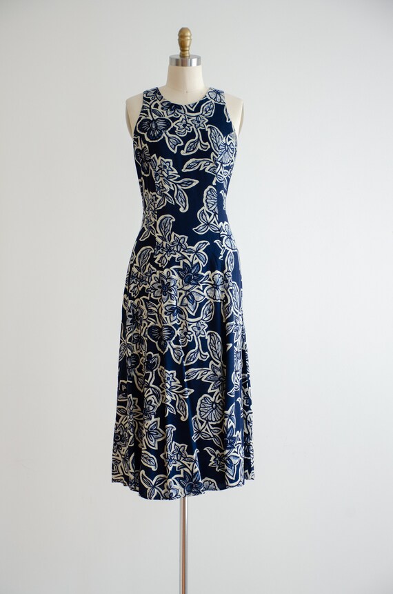 navy midi dress 90s vintage dark blue batik flora… - image 3