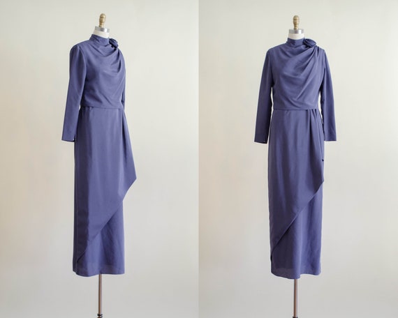 purple maxi dress | high collar dress | long sleev