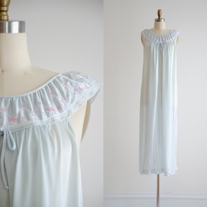 pastel blue nightgown 60s 70s vintage cottagecore embroidered ruffled long nightgown