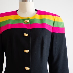 black wool suit 80s vintage hot pink lime green yellow striped skirt suit image 5