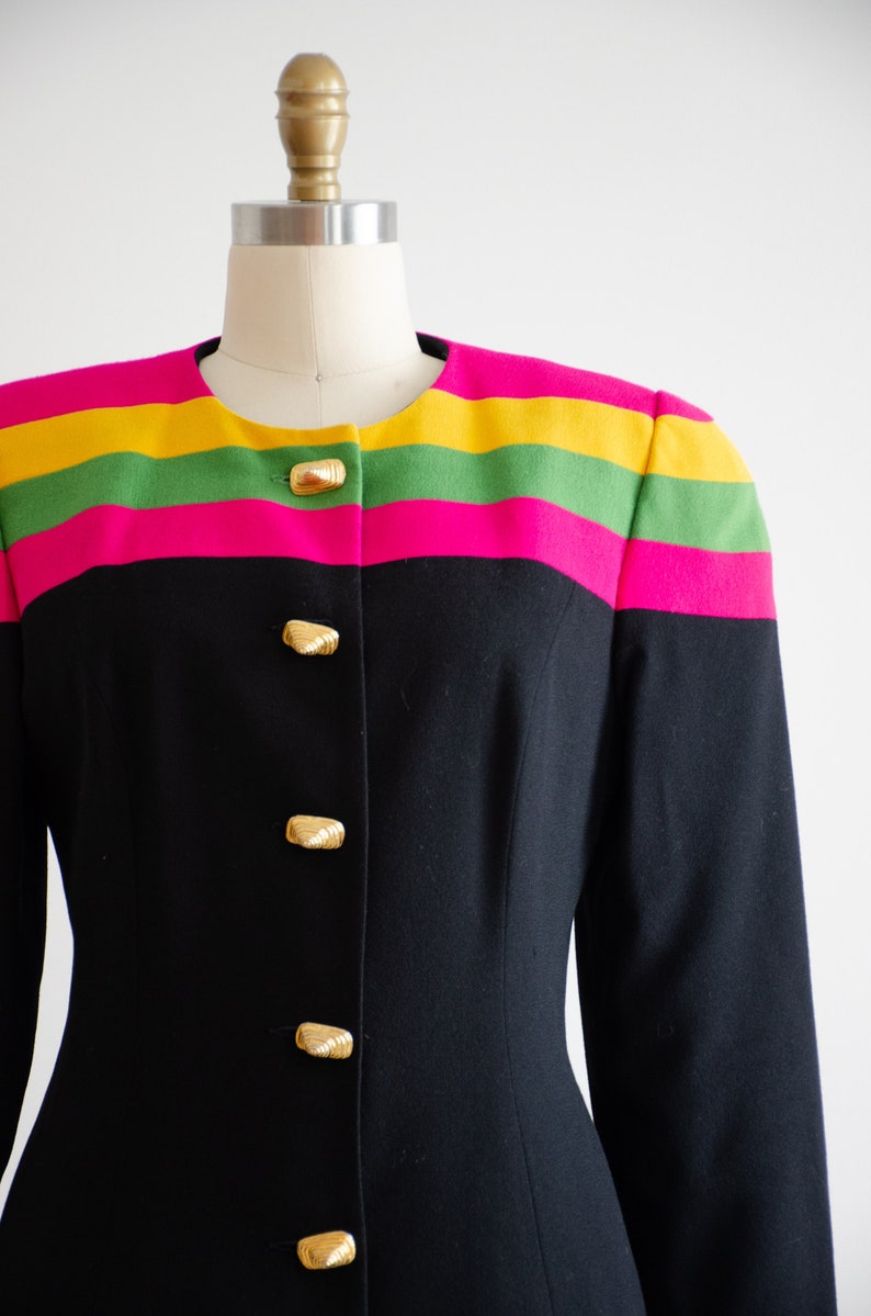 black wool suit 80s vintage hot pink lime green yellow striped skirt suit image 5