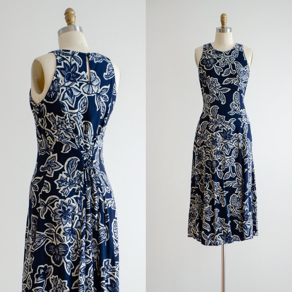 navy midi dress 90s vintage dark blue batik flora… - image 1