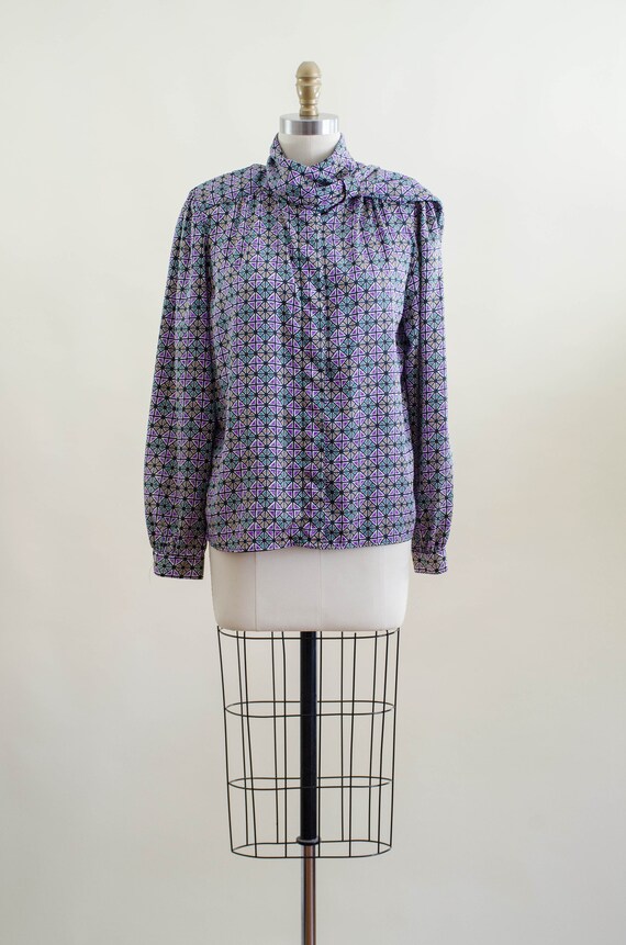 80s ascot blouse | vintage purple green orange st… - image 3