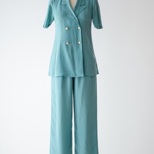 wide leg suit 90s vintage robin's egg blue green high waisted pants pleated cropped trousers blouse set 画像 4