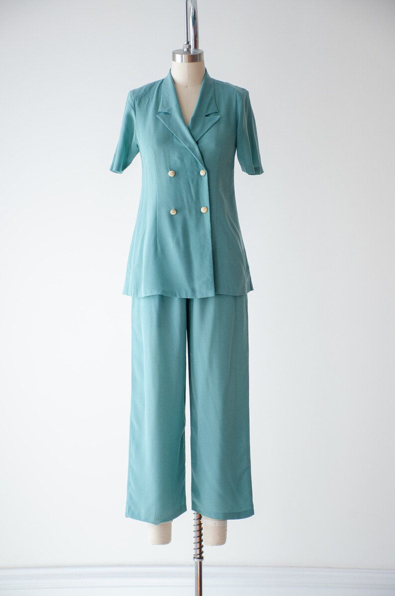 wide leg suit 90s vintage robin's egg blue green high waisted pants pleated cropped trousers blouse set 画像 4