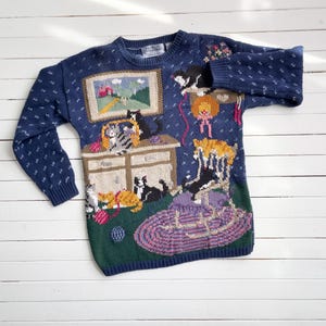 cottagecore sweater 90s vintage Northern Isles blue cats kittens hand knit granny sweater
