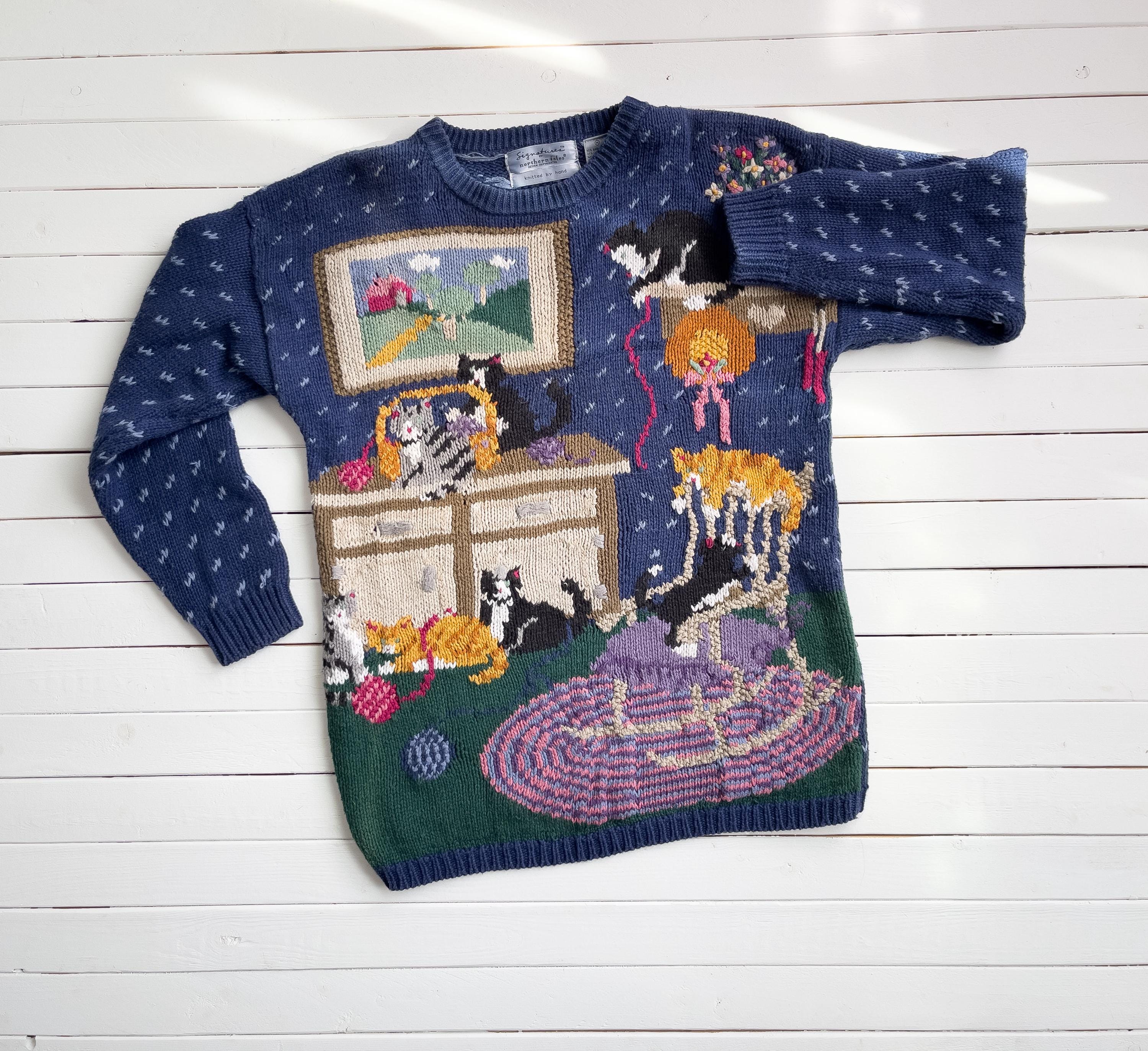 Cottagecore Sweater 90s Vintage Northern Isles Blue Cats Kittens