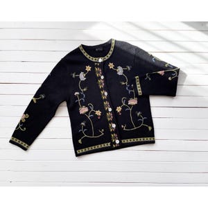 vtg Tally Ho black floral wool embroidered cardigan sweater S