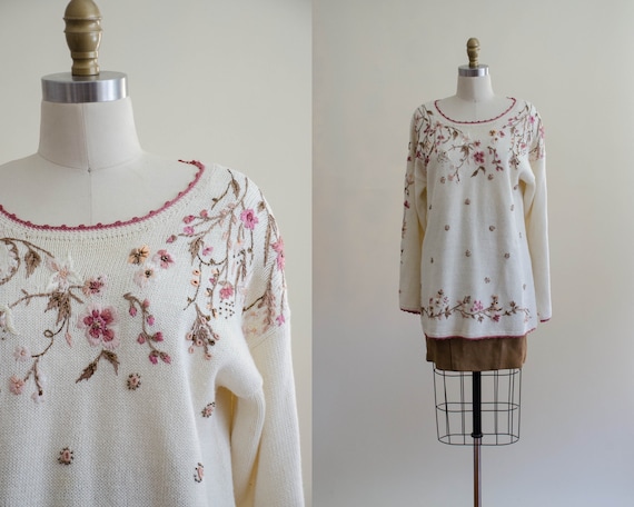 oversized floral sweater | cream embroidered sweat