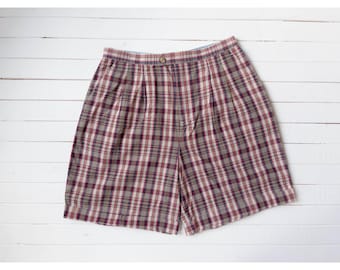 vtg olivgrön röd blå beige rutiga plisserade bomullsshorts med hög midja