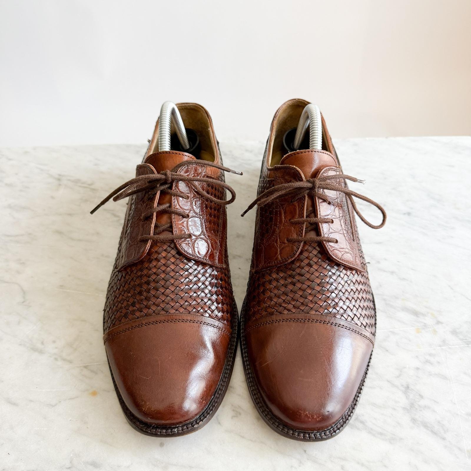 Johnston & Murphy Vtg Brown Woven Leather Oxford Shoes, Mens 