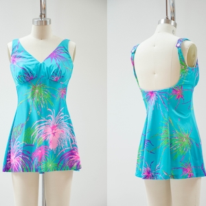 one piece bathing suit | 60s 70s vintage Robby Len neon turquoise hot pink fireworks low back skirt swimsuit