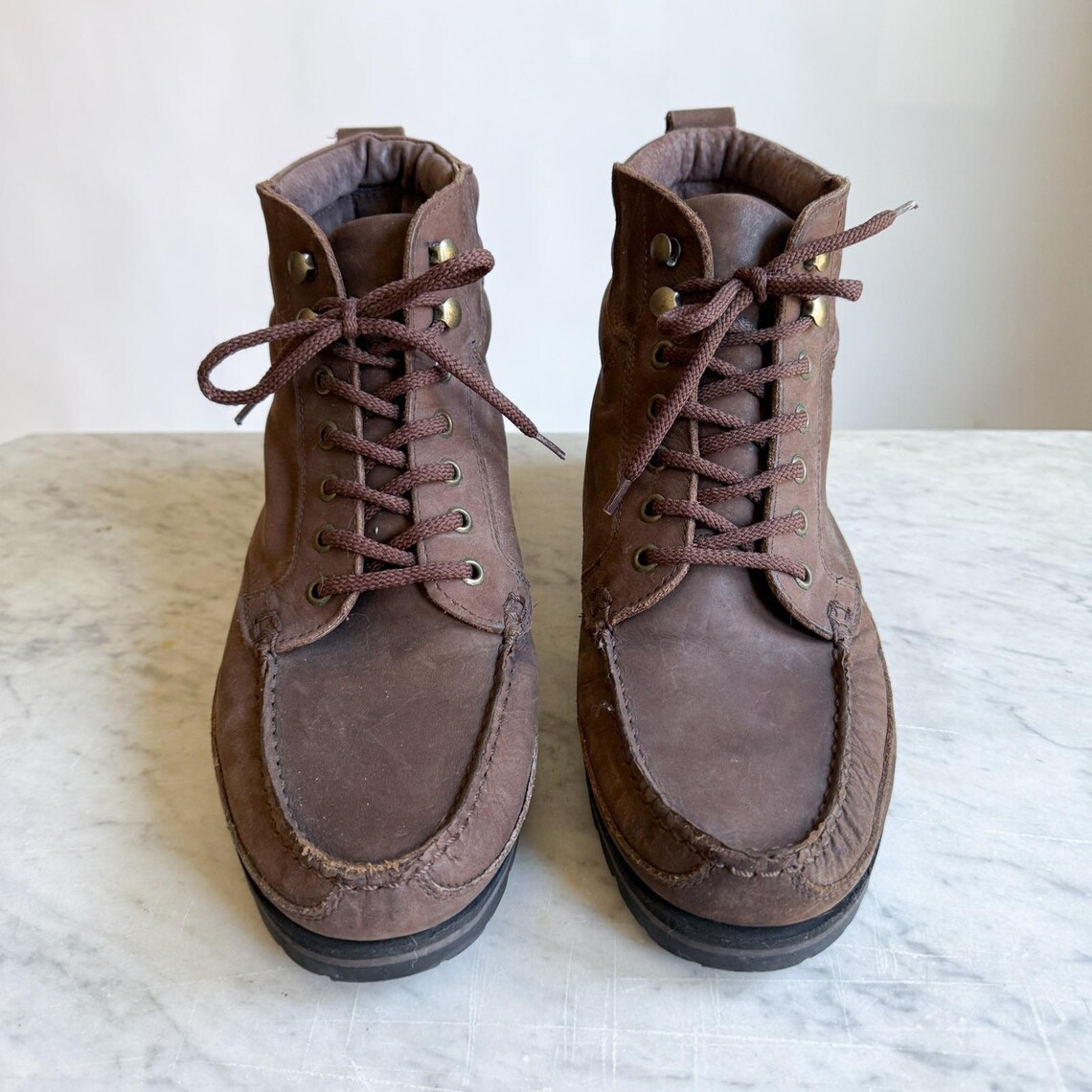 Trackers Mens Vintage Brown Leather Moc Toe Lace Up Hiking Work Boots, foto 3 di 5