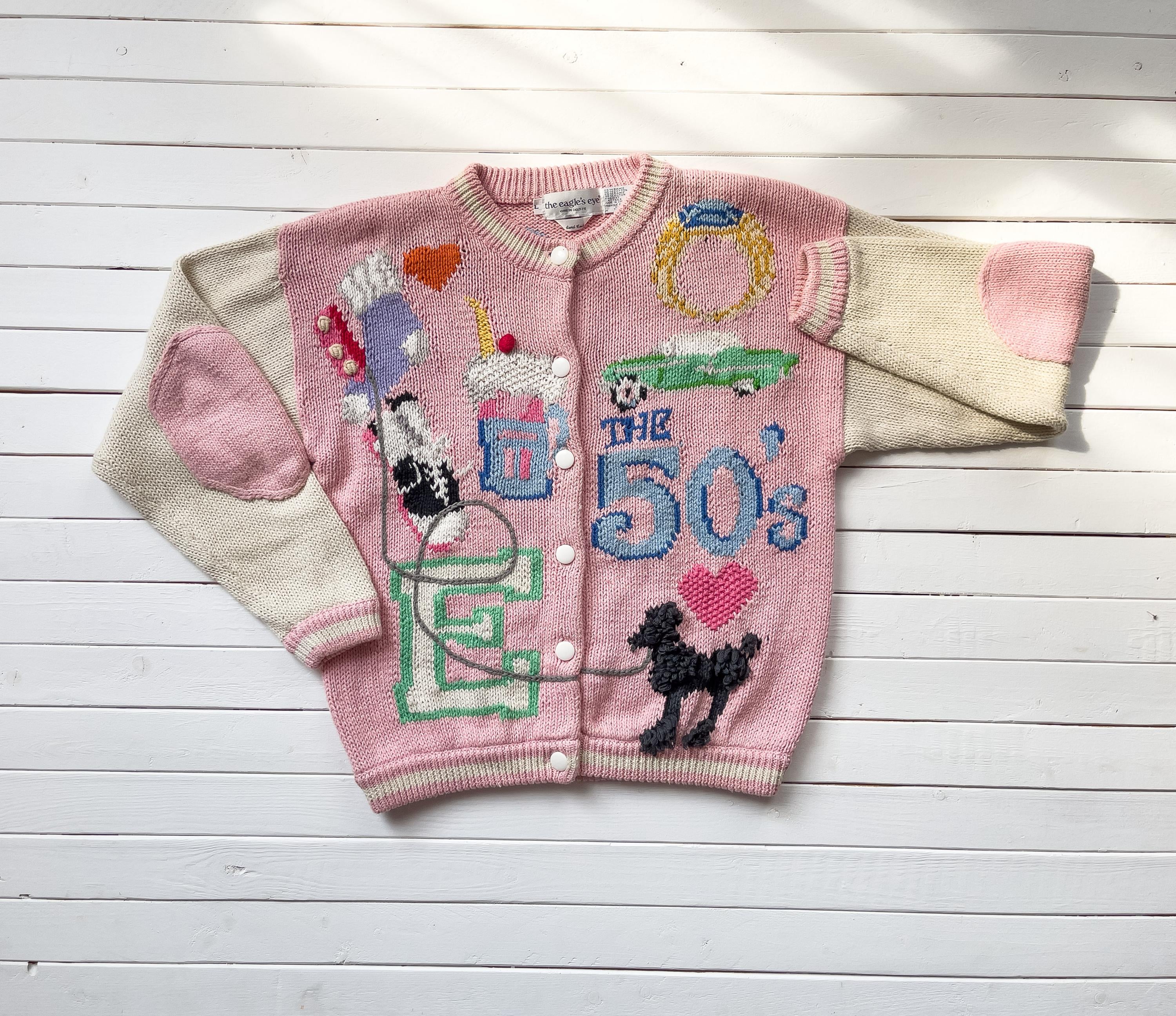 希少　EAGLE'S EYEヴィンテージニットベスト　牛柄とても可愛い Eagles Eye Sweater Vtg 50s Novelty Print Pink Jukebox Poodle Hand