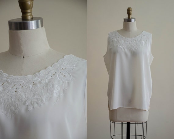 white tank top | embroidered blouse | white lace t