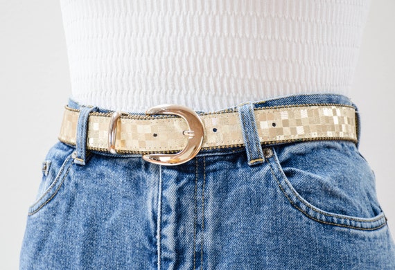 shiny gold belt | 80s 90s vintage checkered metal… - image 2