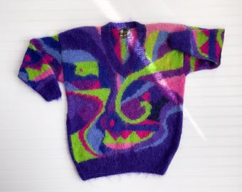 vtg Classiques purple lime green neon abstract mohair sweater