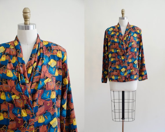 novelty print silk blouse | purse patterned silk s