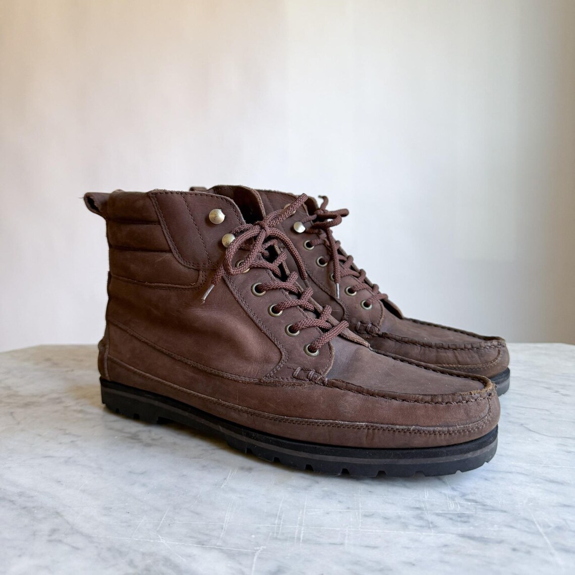 Trackers Mens Vintage Brown Leather Moc Toe Lace Up Hiking Work Boots, foto 2 di 5