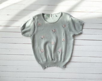 cute cottagecore sweater 80s 90s vintage robin's egg blue floral embroidered short sleeve sweater