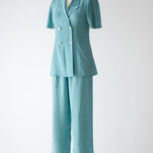 wide leg suit 90s vintage robin's egg blue green high waisted pants pleated cropped trousers blouse set 画像 5