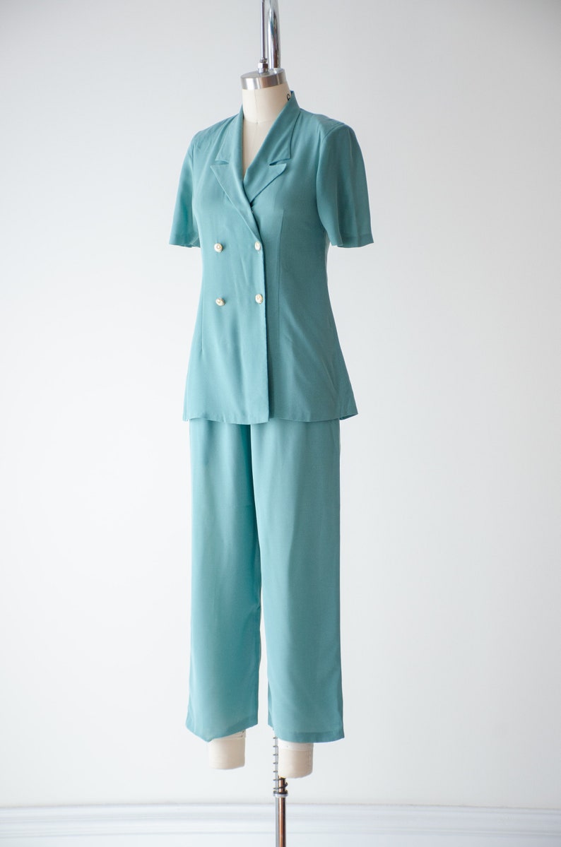 wide leg suit 90s vintage robin's egg blue green high waisted pants pleated cropped trousers blouse set 画像 5