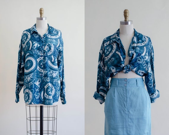 oversize silk blouse | long sleeve blue print blou