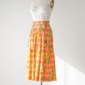 cute cottagecore skirt 80s 90s vintage orange yellow white sunflower plaid cotton midi skirt image 5