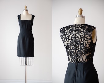 black mini dress | 90s vintage minimalist embroidered mesh low back party cocktail dress