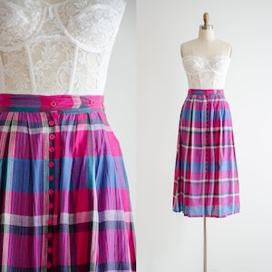 Hot Pink Midi Skirt 80s Vintage Pink Blue White Plaid Cotton Skirt Etsy UK