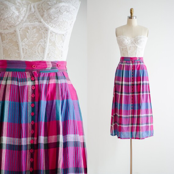 hot pink midi skirt | 80s vintage pink blue white… - image 1
