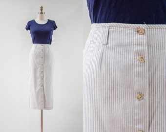 blue striped linen skirt | 90s vintage blue cream beige ticking seersucker button down longline pencil skirt