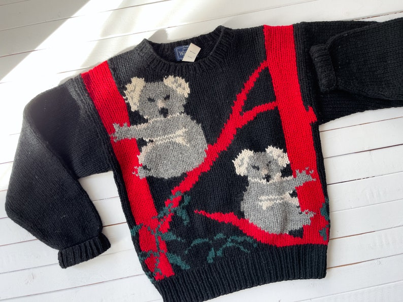 black wool sweater 80s 90s vintage Woolrich koala bear intarsia novelty sweater image 2
