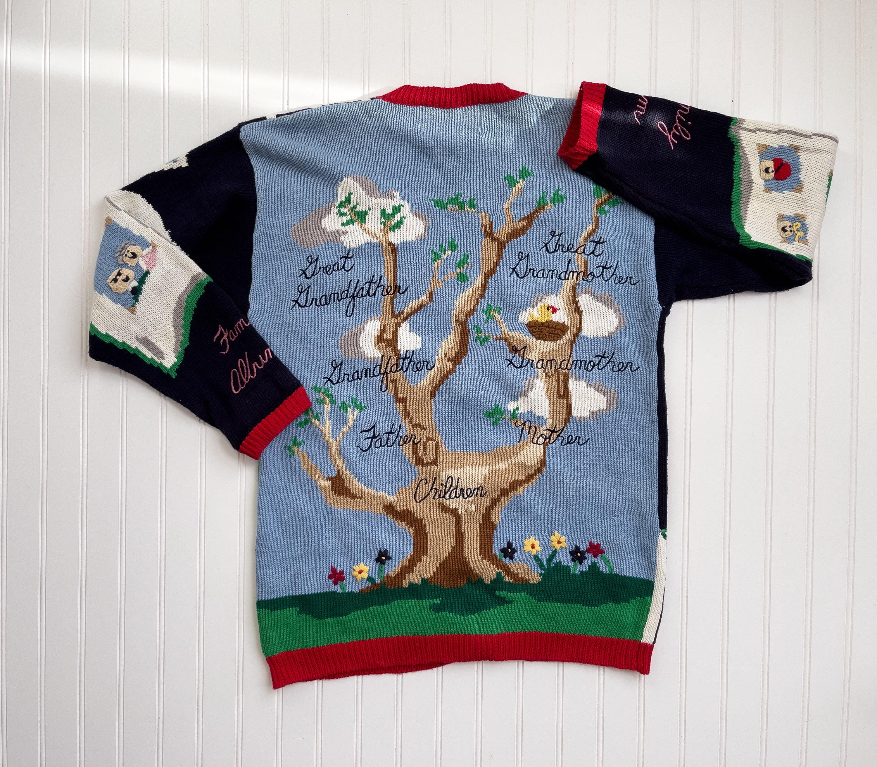 Vtg Eagles Eye Family Tree Genealogy Novelty Hand Knit Cardigan