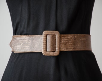 wide brown belt | 80s 90s vintage taupe greige light brown faux vegan reptile leather belt